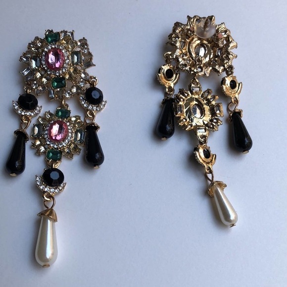 Chandelier Statement Earrings with Faux Gems, Pearls, and Diamonds - Picture 4 of 5